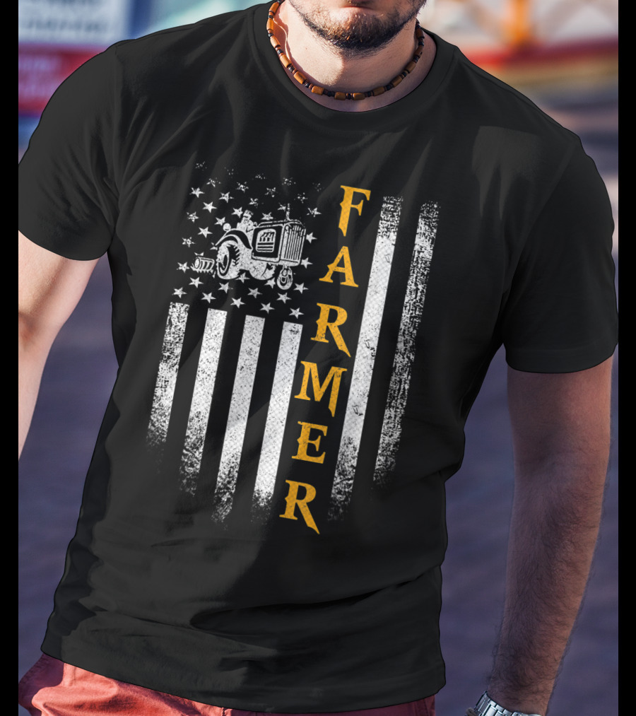 Farmer American Flag Vintage Tractor USA Farming T-Shirt