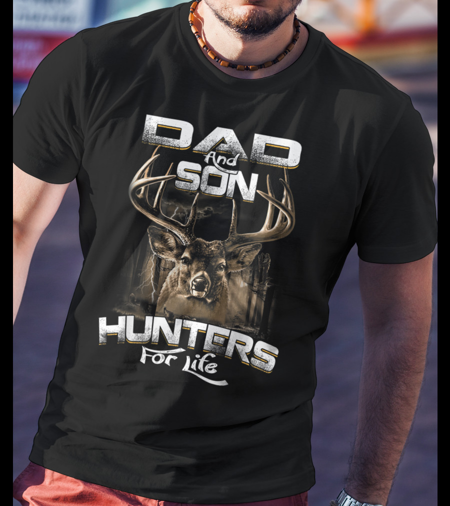 Dad And Son Hunters For Life Deer Antlers Forest Scene T-Shirt