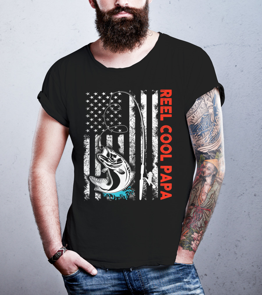Reel Cool Papa American Flag Fishing Family Fun T-Shirt