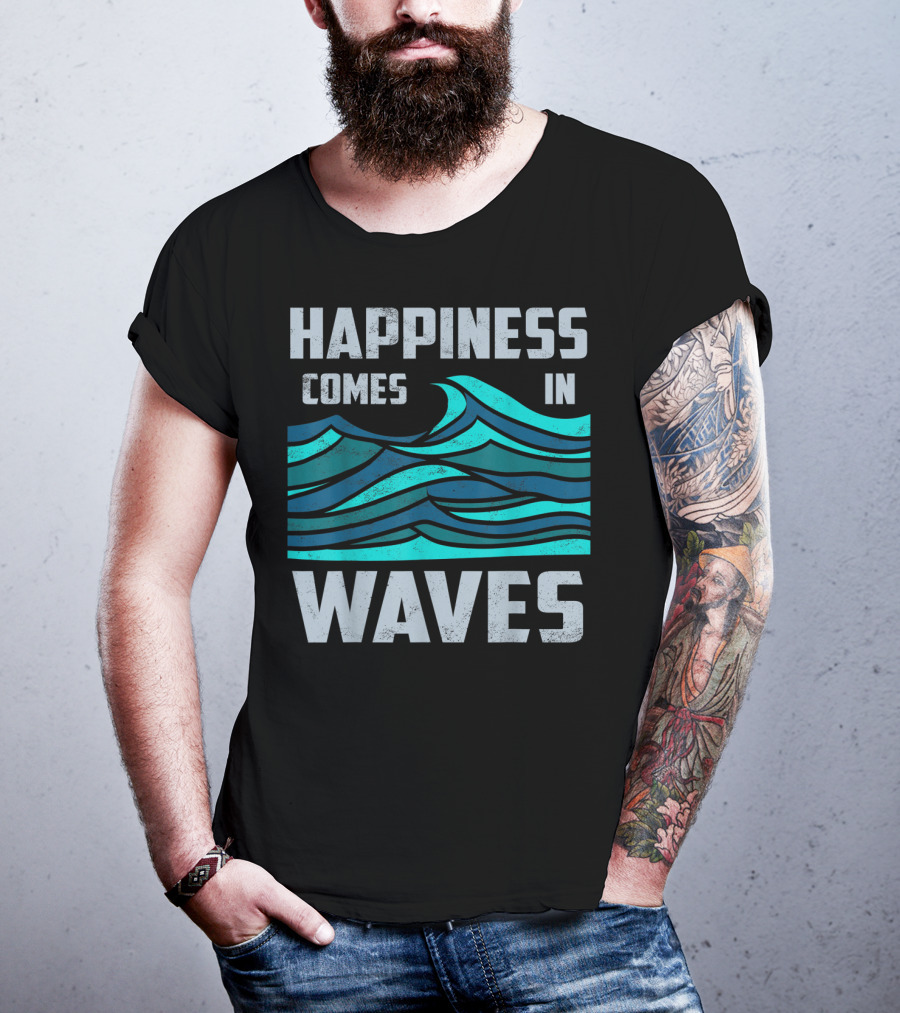 Happiness Comes In Waves Cool Vintage Surfer Wave Motif T-Shirt