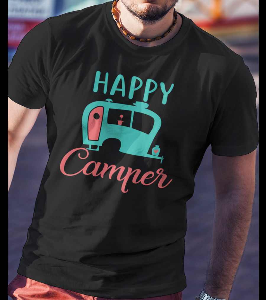 Happy Camper Retro Teal And Coral Vintage Camper T-Shirt