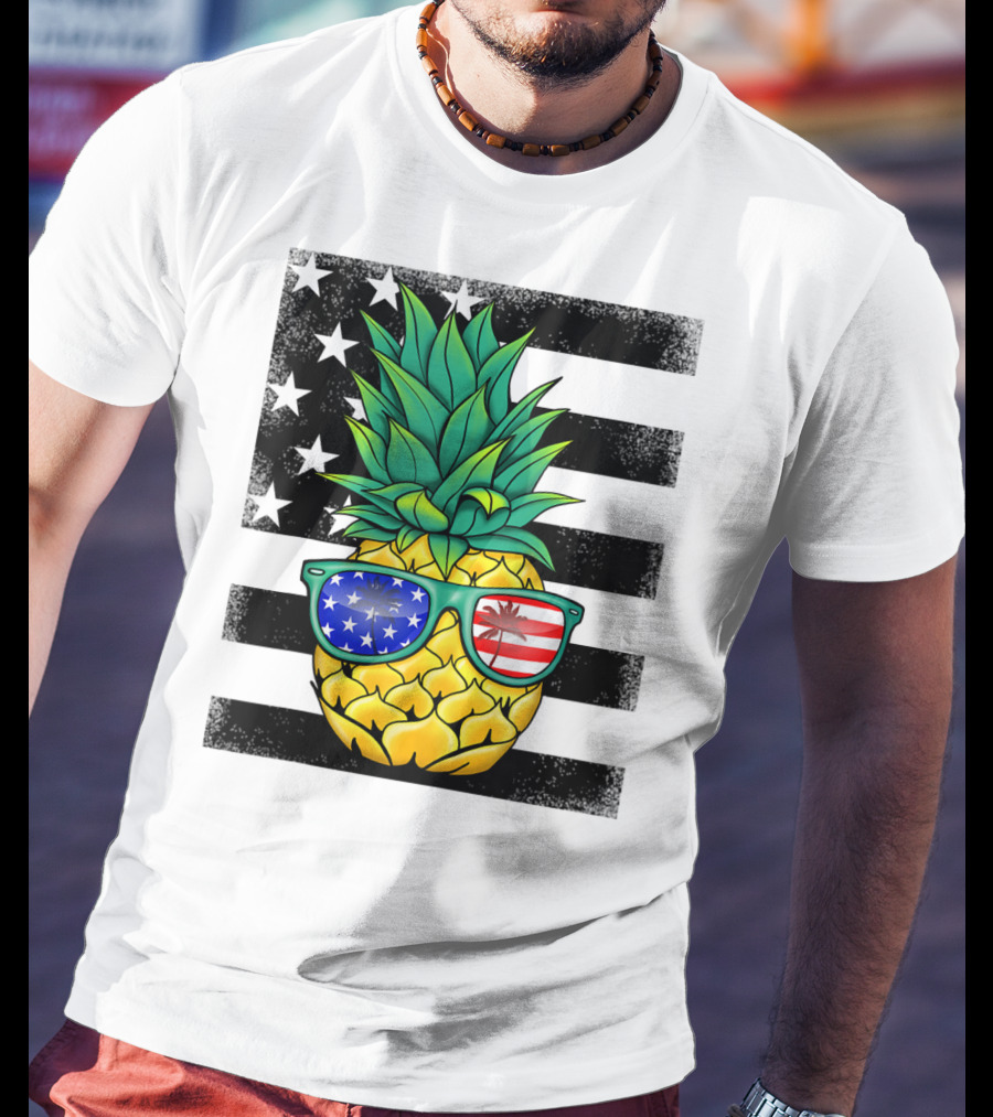 Hawaiian Pineapple With American Flag Sunglasses On Distressed Stars And Stripes Background T-Shirt