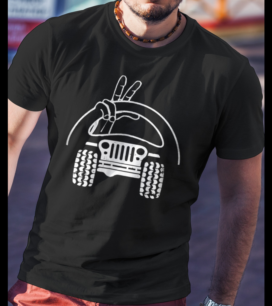 Jeep Wave Peace Fingers Sign Steering Wheel And Grille T-Shirt