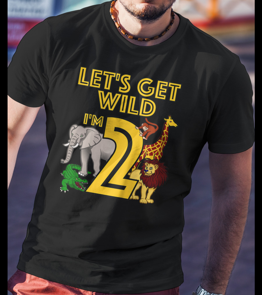 Let's Get Wild I'm 2 Elephant Giraffe Lion Crocodile Birthday Safari Jungle Kids 2 Year Old Zoo T-Shirt