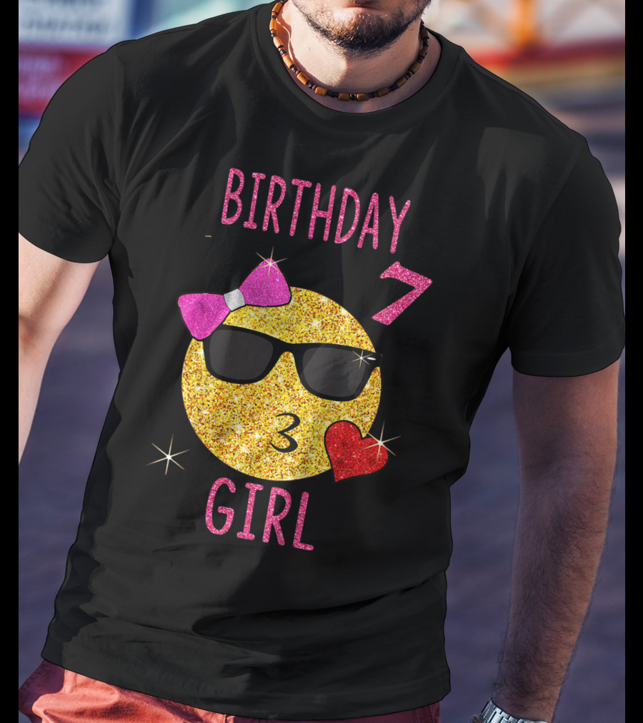 Birthday 7 Girl 7 Years Old Emoji Wearing Sunglasses Bow Heart T-Shirt