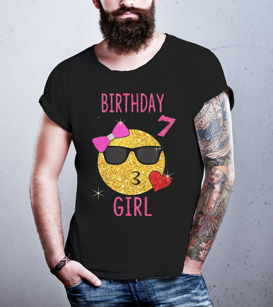 Birthday 7 Girl 7 Years Old Emoji Wearing Sunglasses Bow Heart T-Shirt