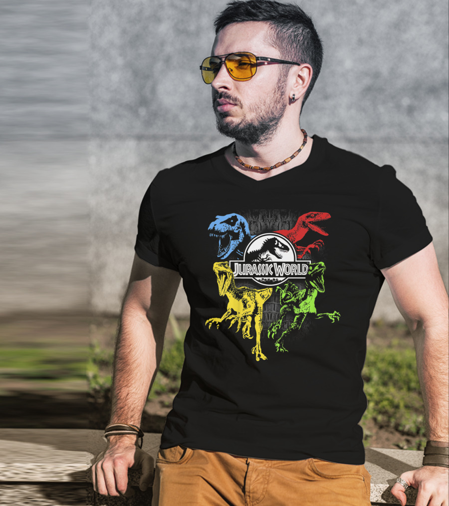 Jurassic World Raptors In Primary Colors Red Blue Yellow Green T-Shirt