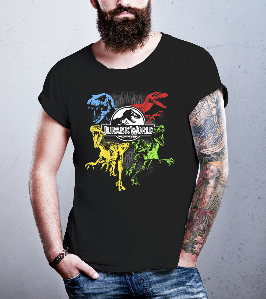 Jurassic World Raptors In Primary Colors Red Blue Yellow Green T-Shirt