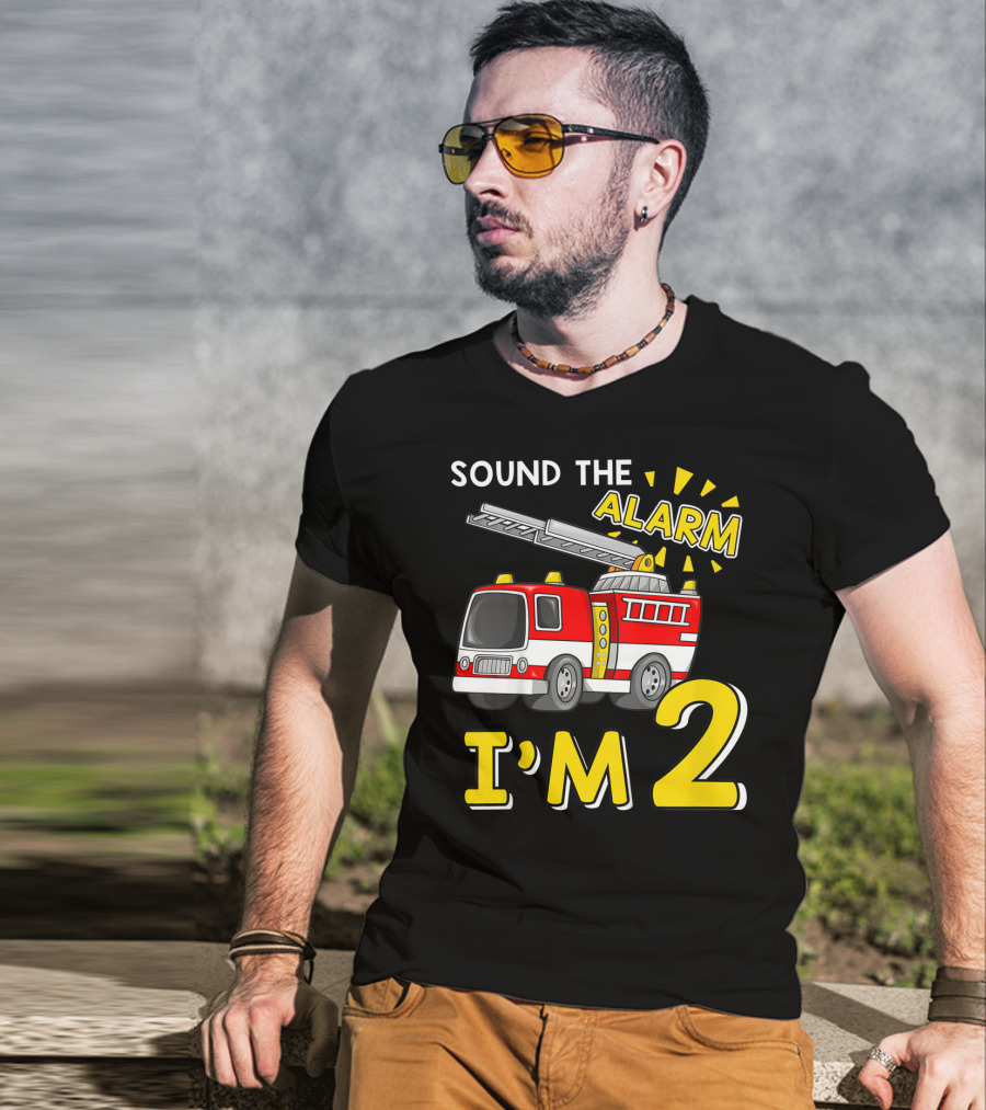 SOUND THE ALARM I'M 2 Fire Truck Kids 2nd Birthday T-Shirt