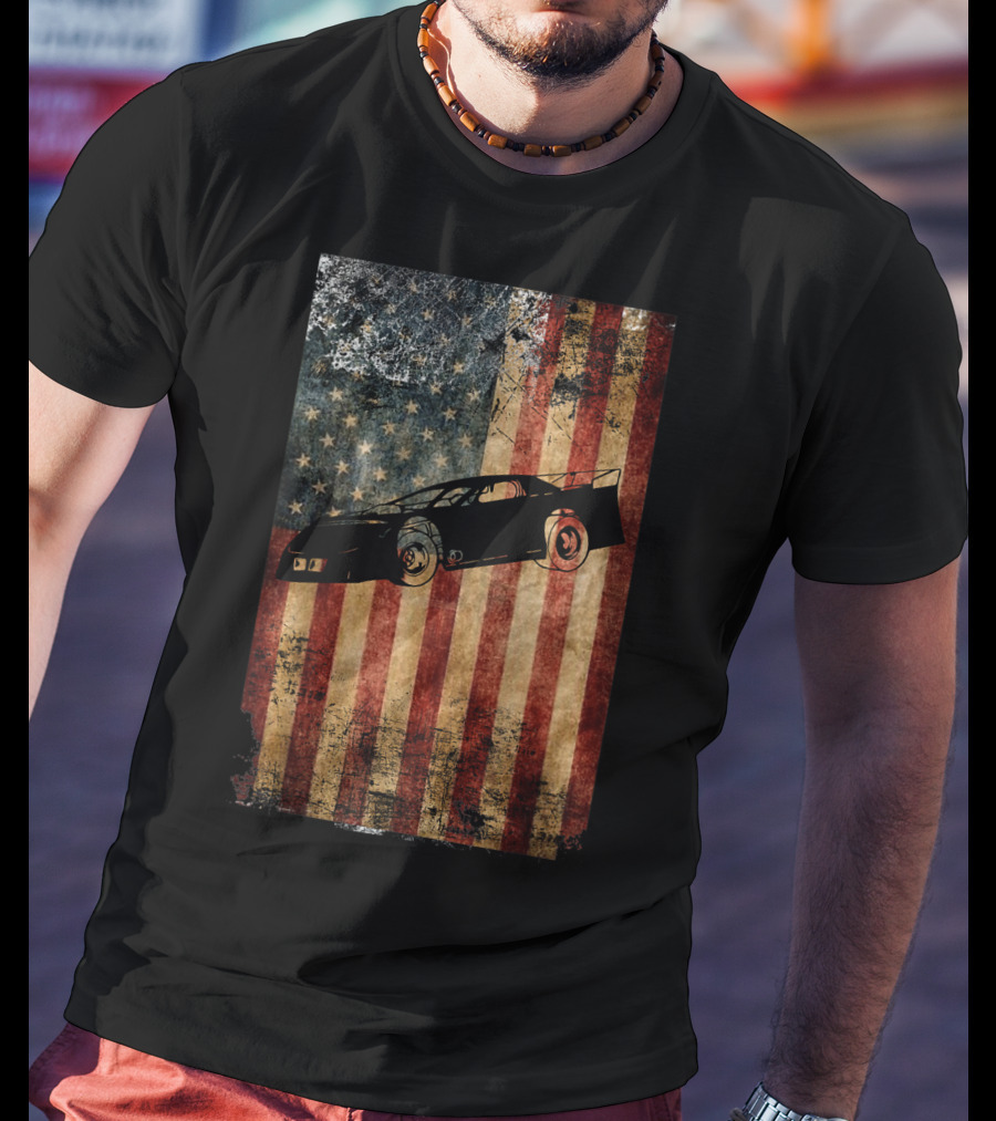 Late Model Dirt Track Racing Distressed American Flag Car T-Shirt