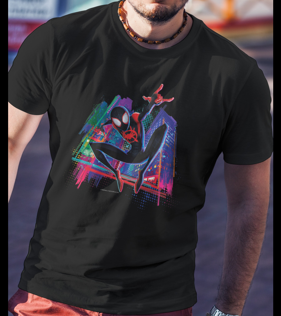 Marvel Spider-Man Miles Morales Vibrant Graffiti Cityscape Adventure T-Shirt