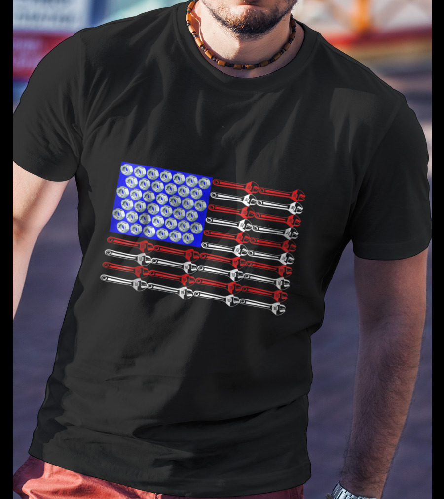 Mechanic Proud American Patriotic USA Flag With Wrenches And Nuts T-Shirt