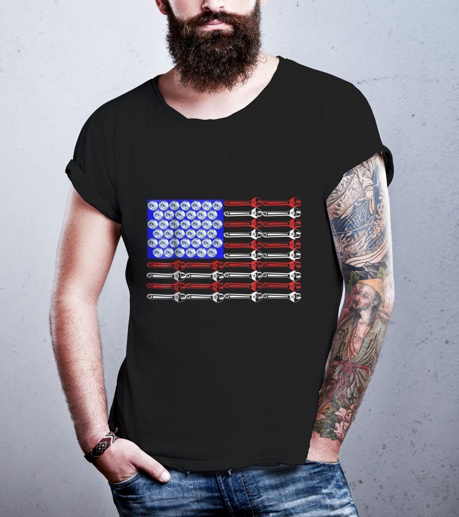 Mechanic Proud American Patriotic USA Flag With Wrenches And Nuts T-Shirt