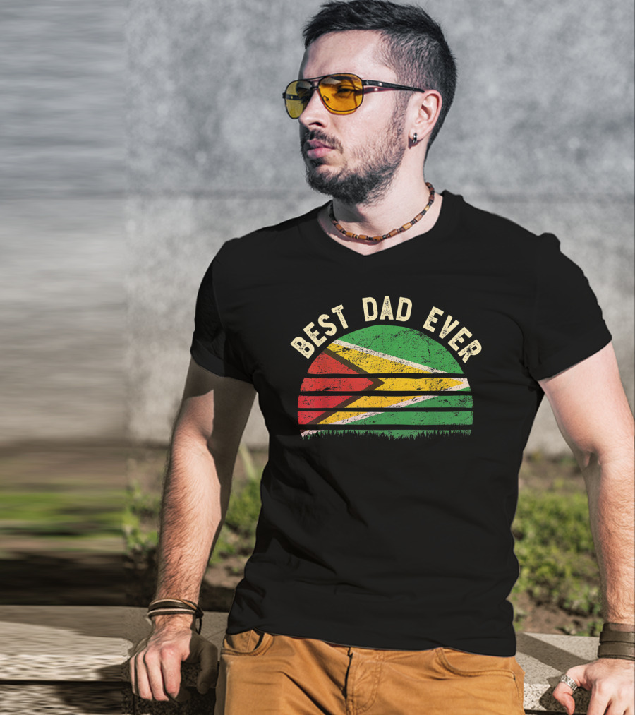 Best Dad Ever Guyana Vintage Flag Round T-Shirt