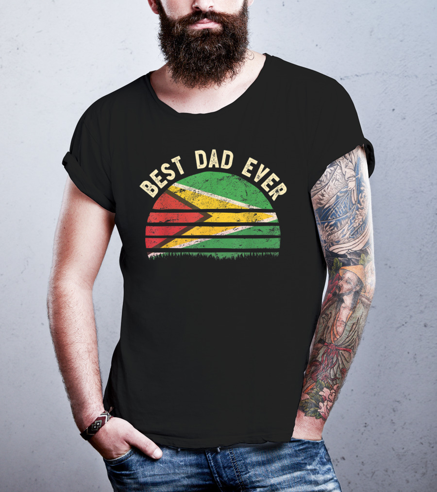 Best Dad Ever Guyana Vintage Flag Round T-Shirt