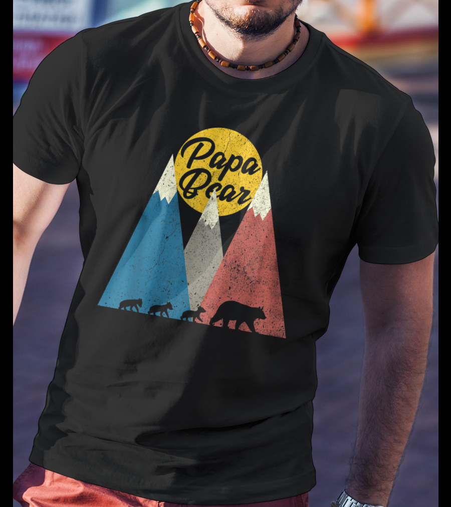 Papa Bear Three Cubs Mountains Retro Triplet Dad T-Shirt