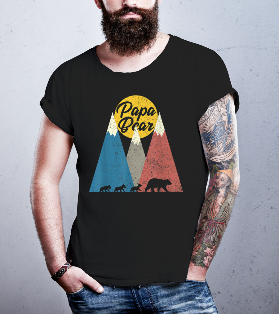 Papa Bear Three Cubs Mountains Retro Triplet Dad T-Shirt