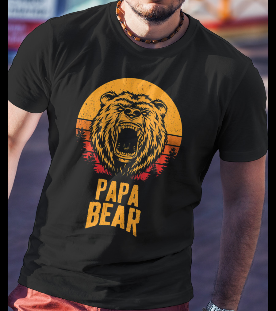 Papa Bear Father's Day Sunset Roaring Bear Forest Scene T-Shirt