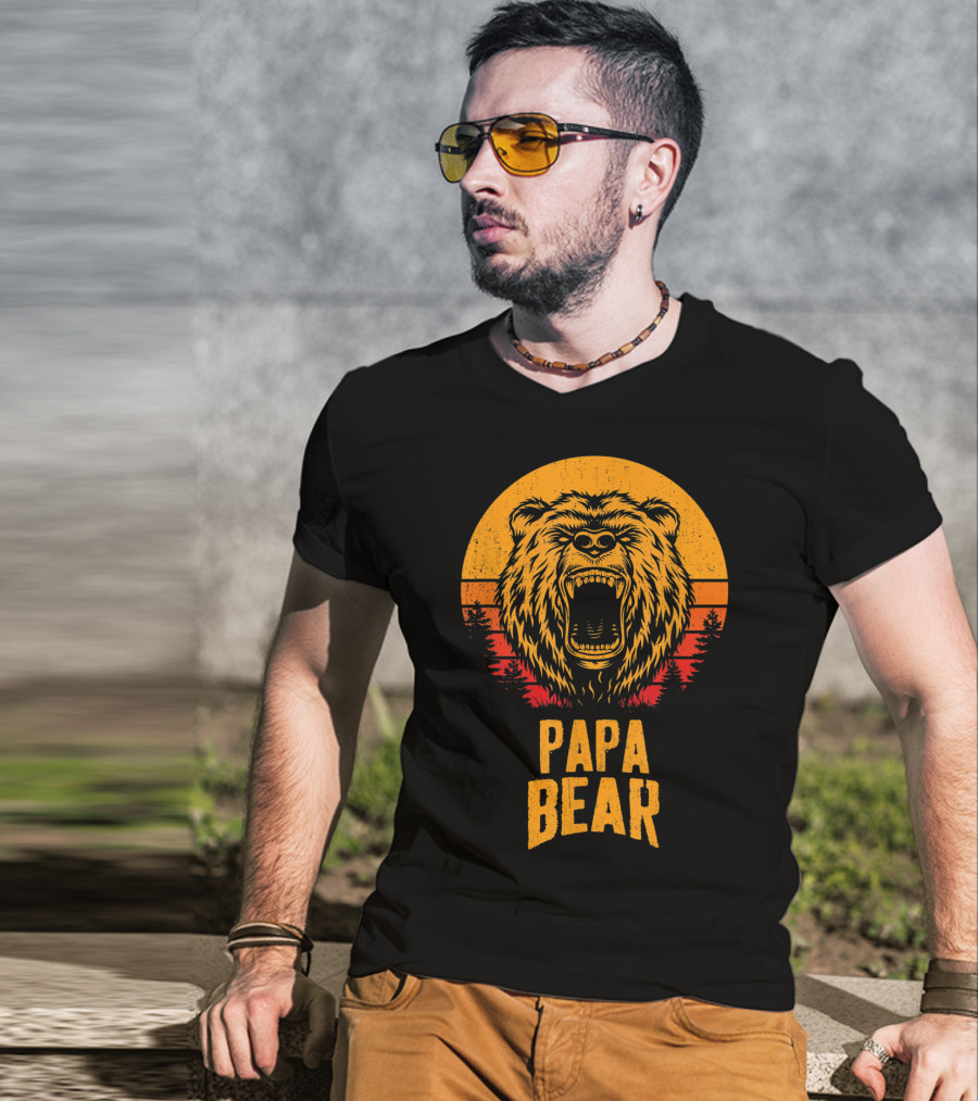 Papa Bear Father's Day Sunset Roaring Bear Forest Scene T-Shirt