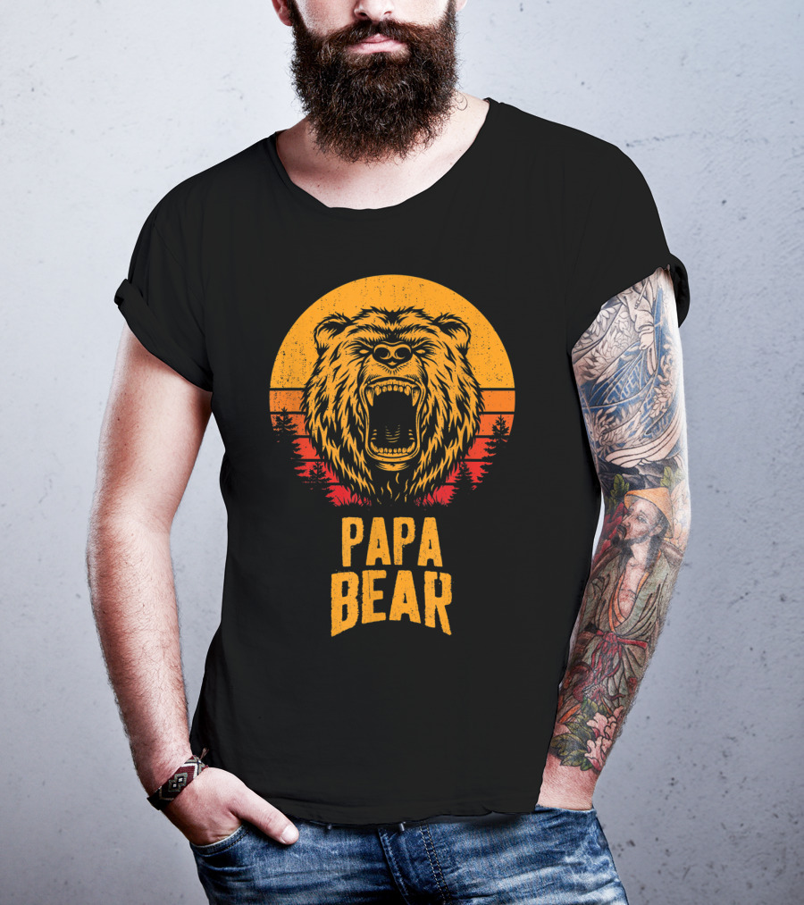 Papa Bear Father's Day Sunset Roaring Bear Forest Scene T-Shirt