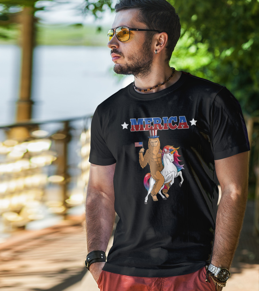 MERICA Bigfoot Riding A Patriotic Unicorn With American Flag T-Shirt