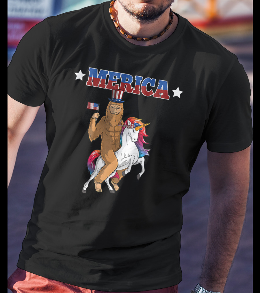 MERICA Bigfoot Riding A Patriotic Unicorn With American Flag T-Shirt