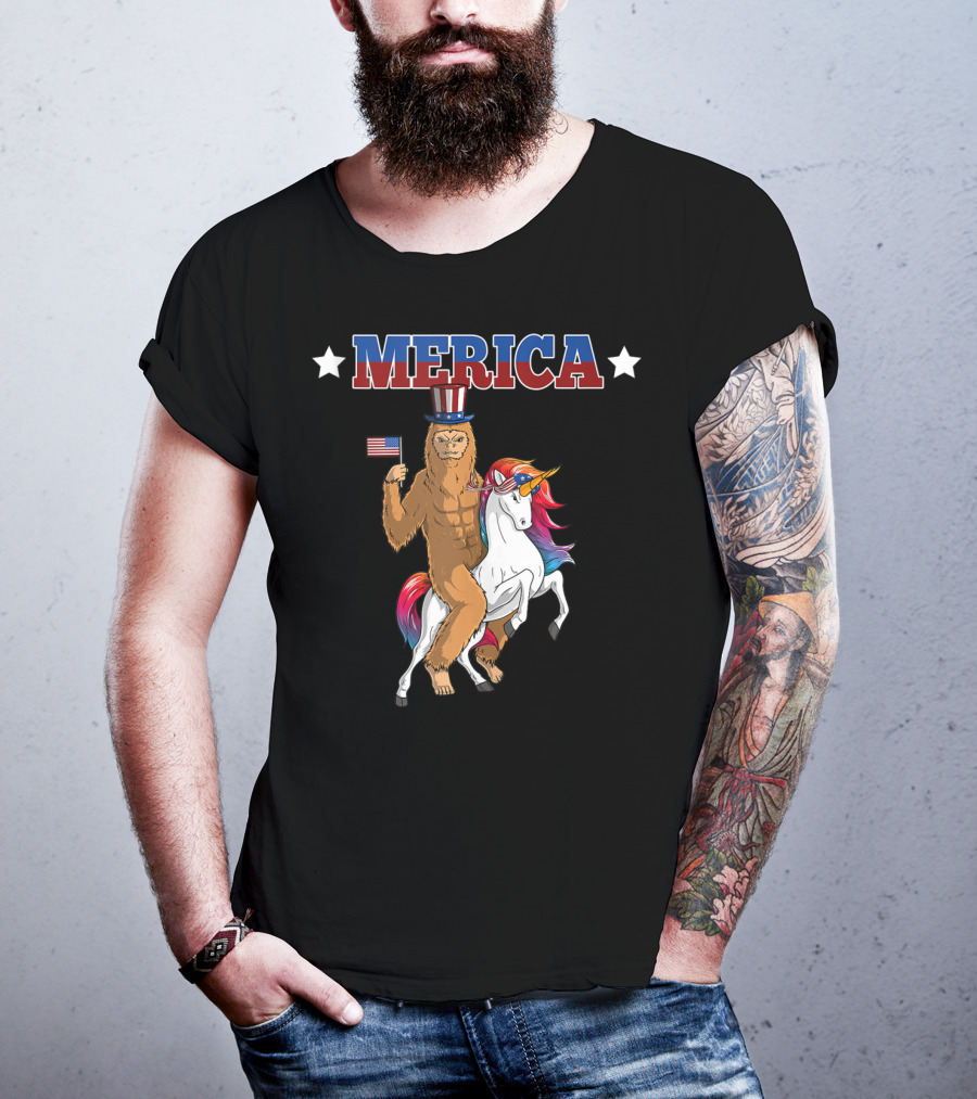 MERICA Bigfoot Riding A Patriotic Unicorn With American Flag T-Shirt