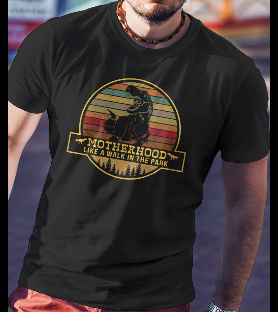 Motherhood Like A Walk In The Park Funny Dinosaur Retro T-Rex Stripes T-Shirt
