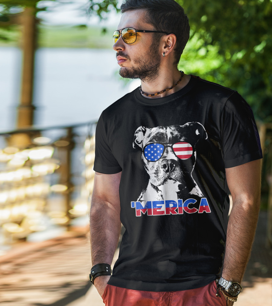 Patriot Pitbull 'Merica With American Flag Sunglasses T-Shirt
