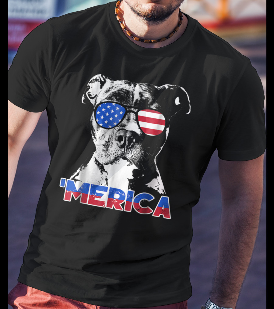 Patriot Pitbull 'Merica With American Flag Sunglasses T-Shirt