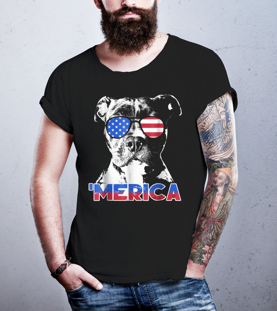 Patriot Pitbull 'Merica With American Flag Sunglasses T-Shirt