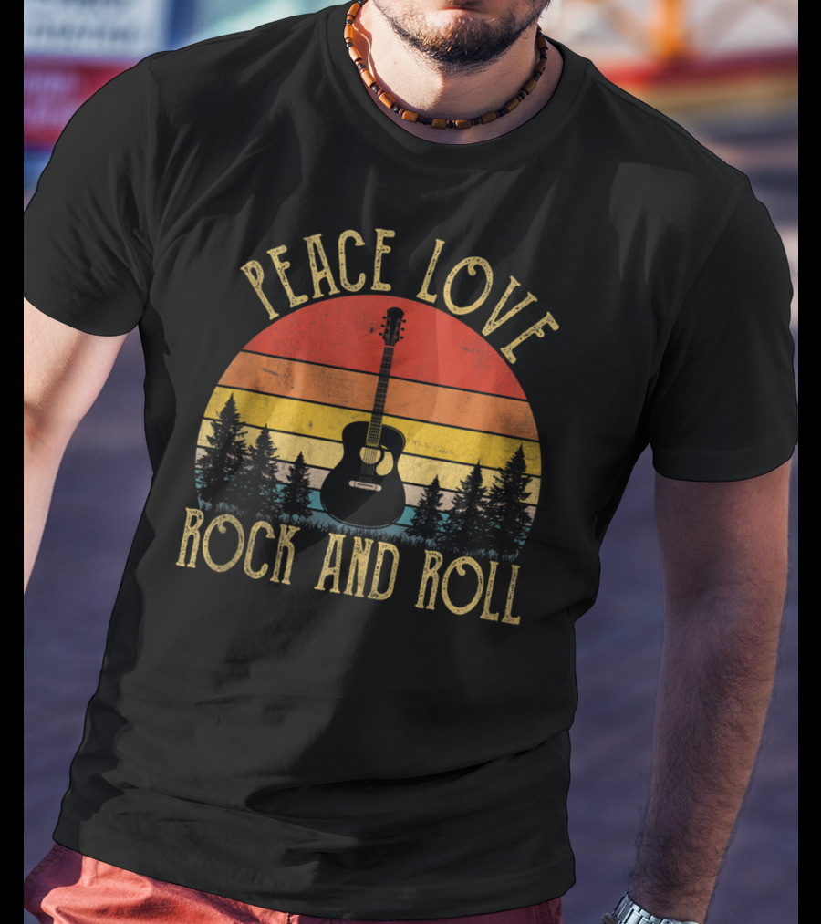 Peace Love Rock And Roll Retro Guitar Sunset Forest Vintage T-Shirt