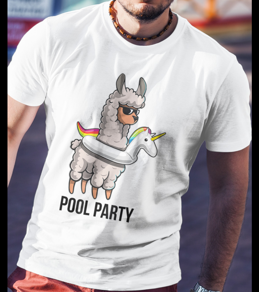 Pool Party Llama With Unicorn Float Funny Llama T-Shirt