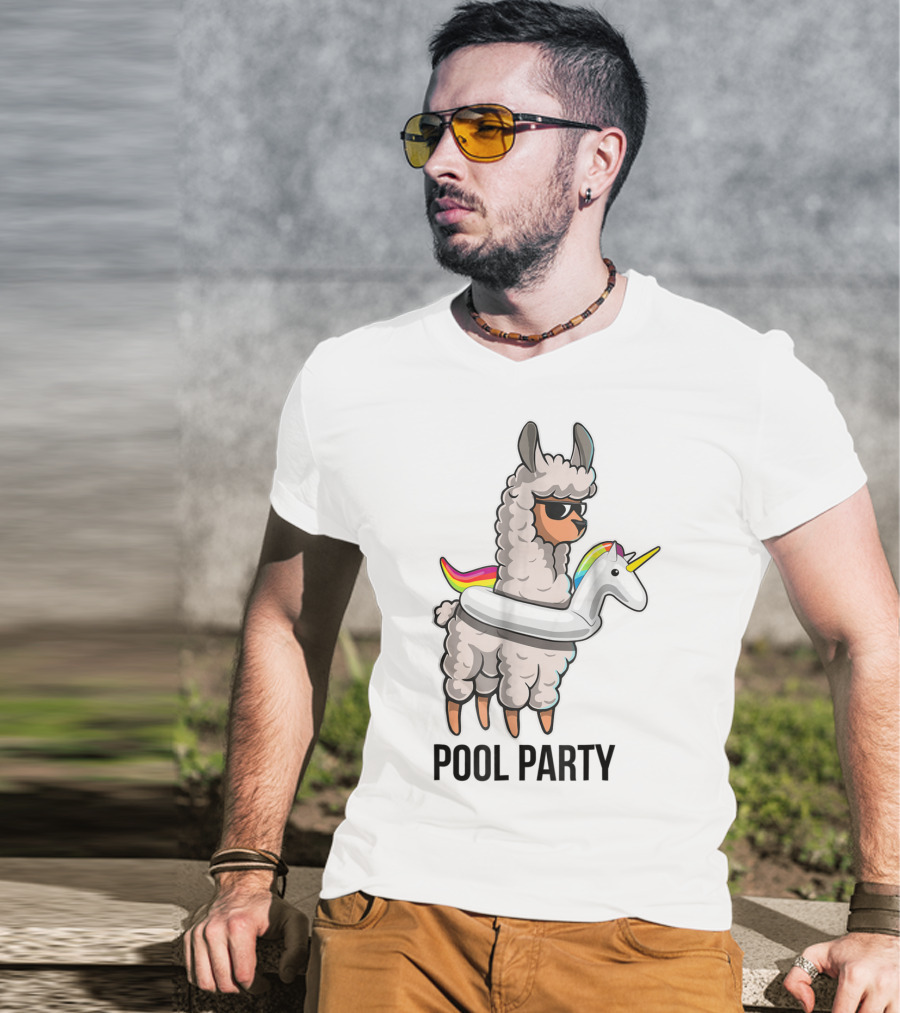 Pool Party Llama With Unicorn Float Funny Llama T-Shirt