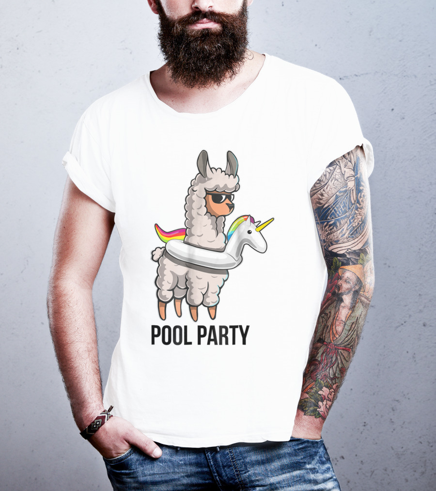 Pool Party Llama With Unicorn Float Funny Llama T-Shirt