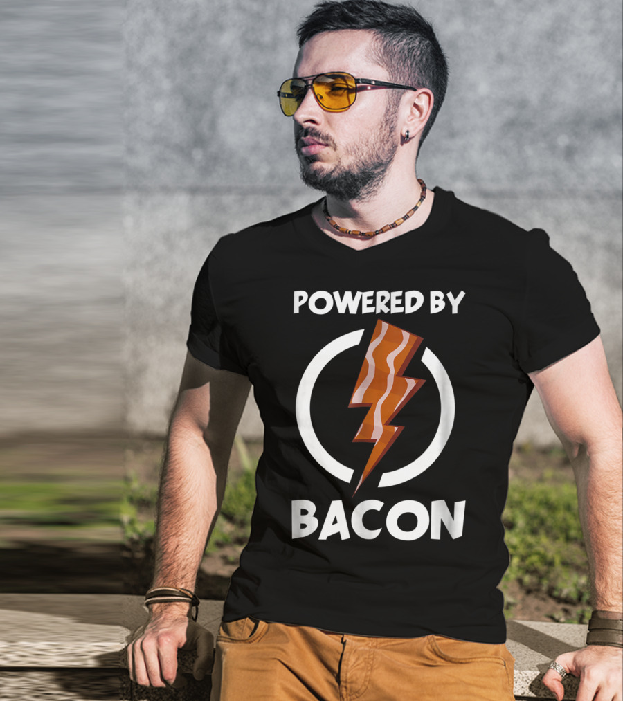 Powered By Bacon Funny Bacon Lovers Lightning Bolt T-Shirt