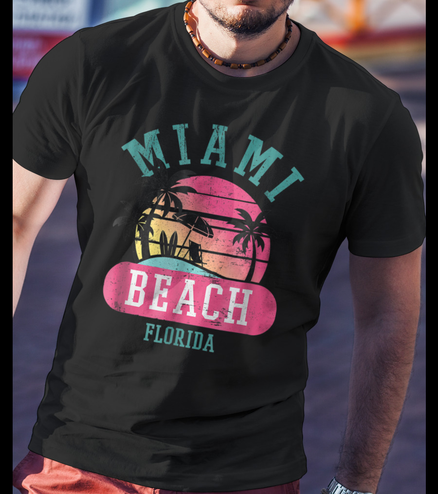 Miami Beach Florida Retro Cool Sun And Palm Trees T-Shirt