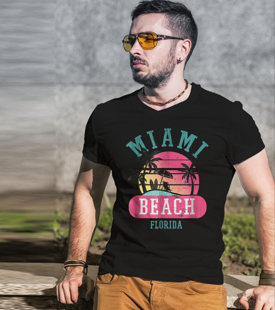 Miami Beach Florida Retro Cool Sun And Palm Trees T-Shirt