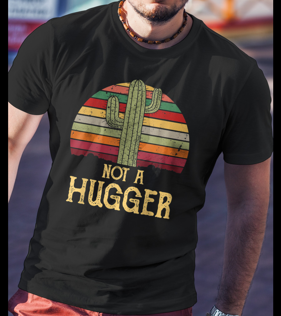 Retro Cactus Sarcastic Not A Hugger Succulent Stripes T-Shirt