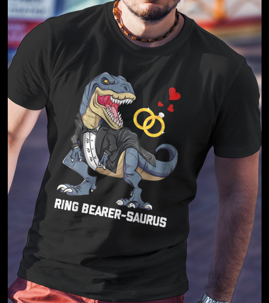 Rex Dinosaur Ring Bearer Saurus In Tuxedo With Wedding Rings And Hearts T-Shirt