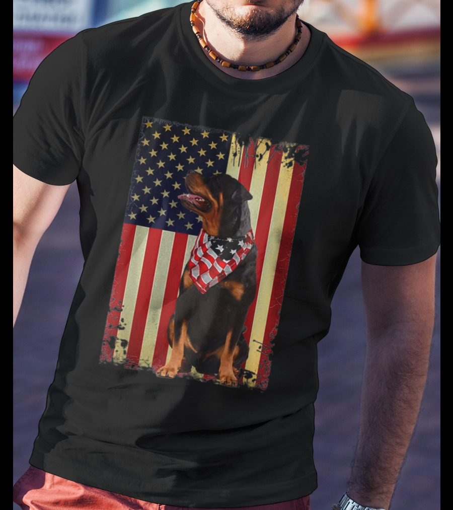 Rottweiler Smile American Flag Patriotic Independence T-Shirt