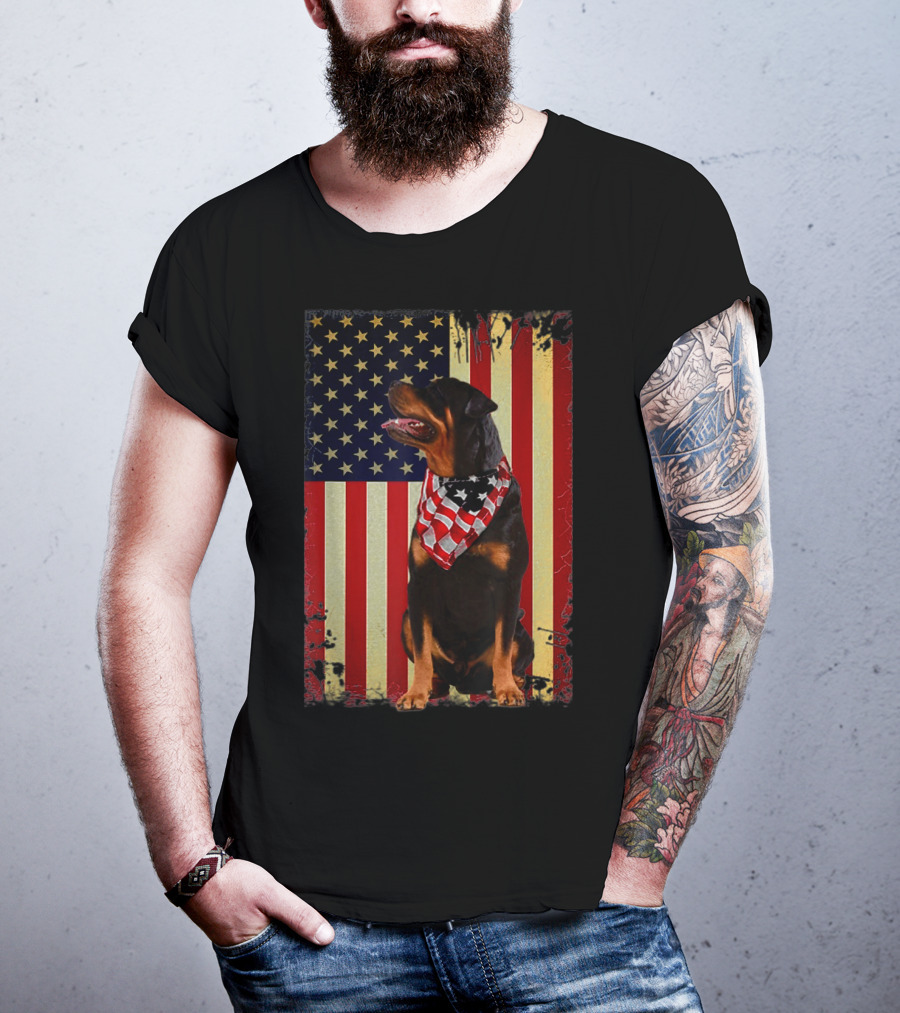 Rottweiler Smile American Flag Patriotic Independence T-Shirt