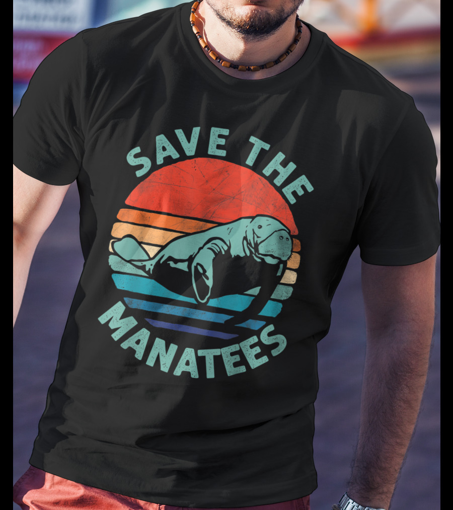 Save The Manatees Retro Stripes Sunset T-Shirt