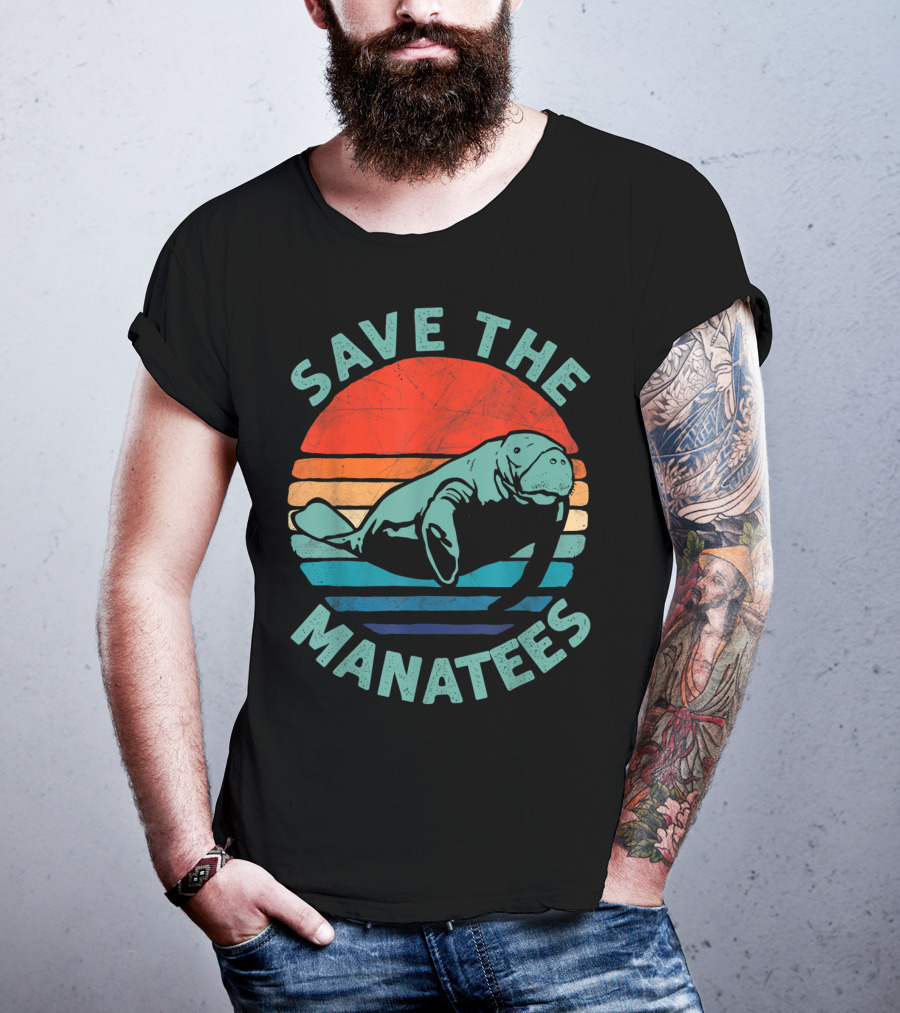 Save The Manatees Retro Stripes Sunset T-Shirt