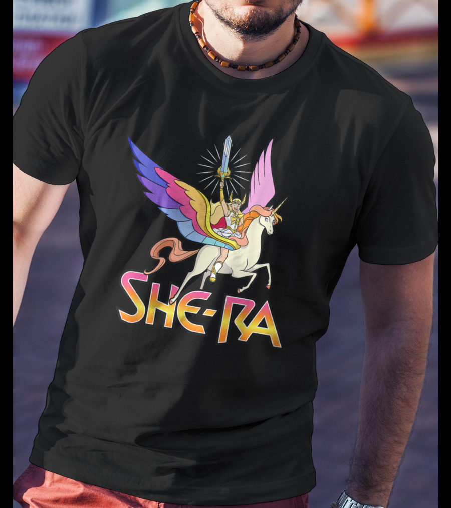She Ra Riding A Winged Unicorn Holding Sword Of Protection T-Shirt