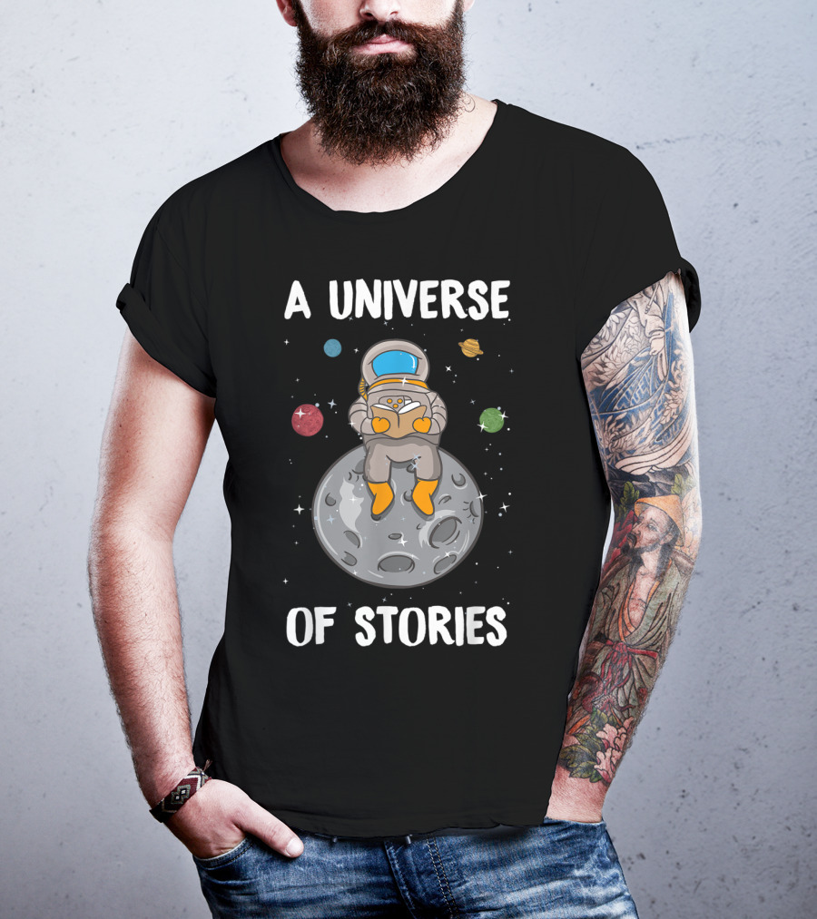 A Universe Of Stories Librarian Astronaut Reading On Moon Summer Reading T-Shirt