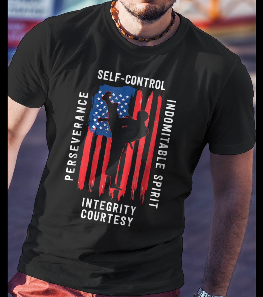 Taekwondo USA Flag Perseverance Courtesy Integrity Self-Control Indomitable Spirit T-Shirt