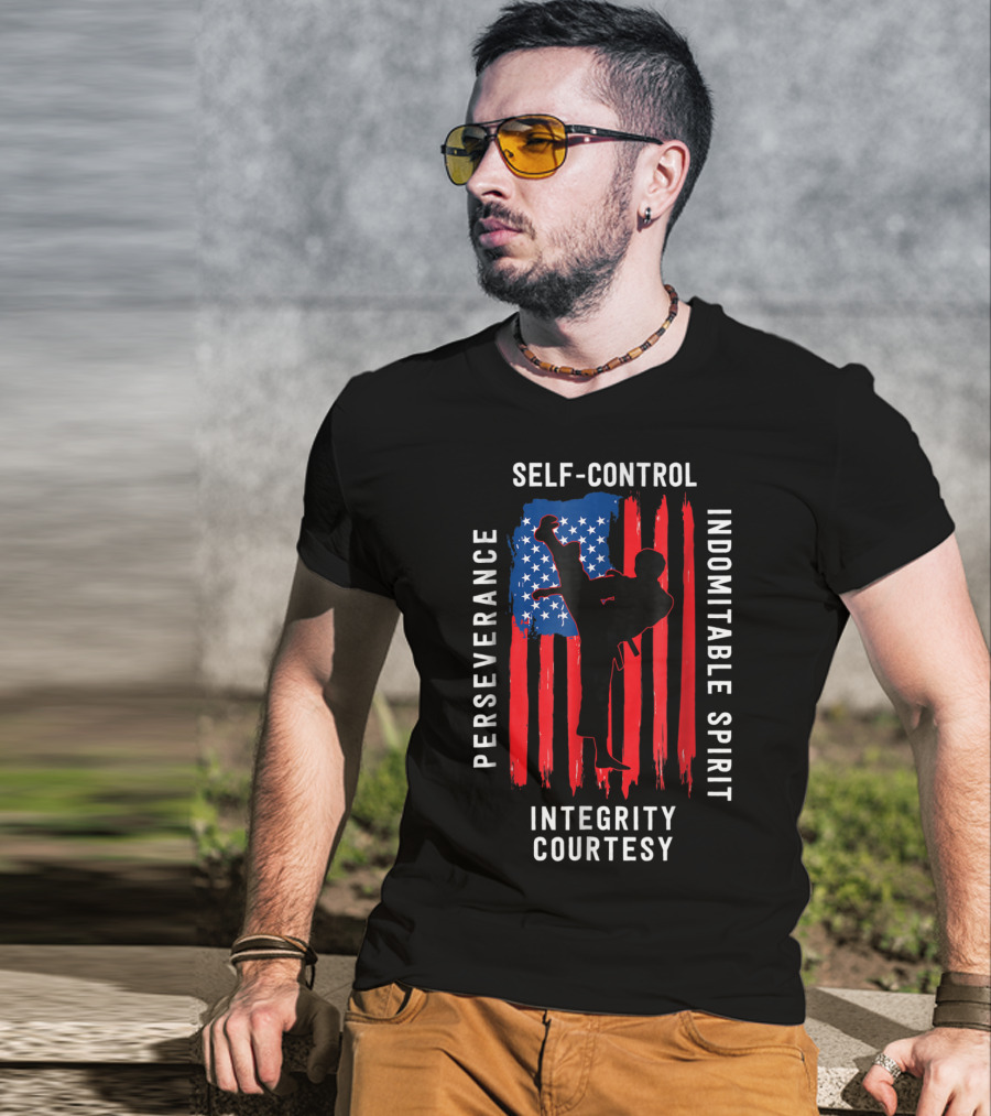Taekwondo USA Flag Perseverance Courtesy Integrity Self-Control Indomitable Spirit T-Shirt