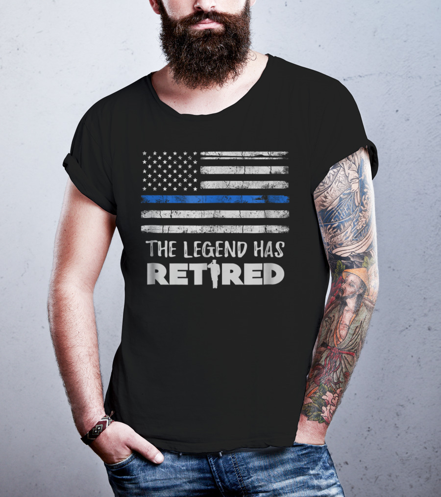 The Legend Has Retired Police Officer Thin Blue Line American Flag T-Shirt