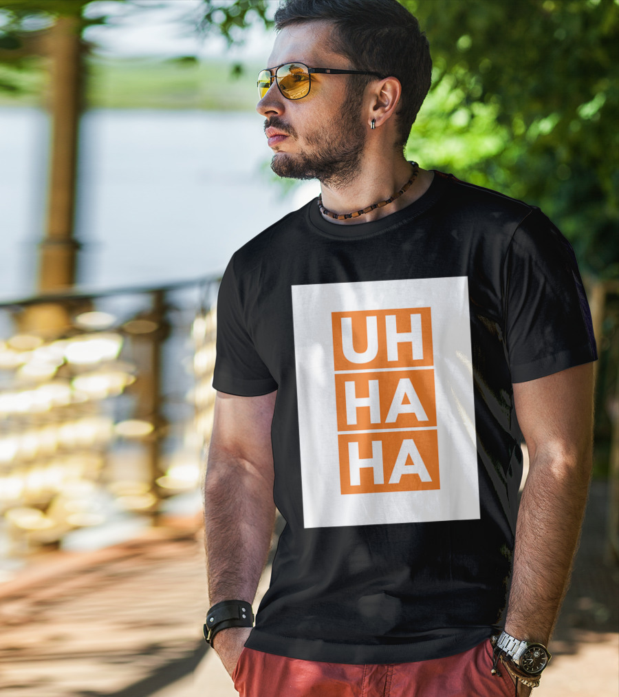 UH HA HA Bold White Letters On Orange Blocks T-Shirt